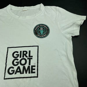 Girls white, cotton t-shirt / top, football, EUC, size 10-12,  