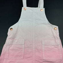 Load image into Gallery viewer, Girls 1964 Denim Co, pink &amp; white denim overalls dress, light mark on front, FUC, size 7, L: 64cm
