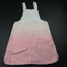 Load image into Gallery viewer, Girls 1964 Denim Co, pink &amp; white denim overalls dress, light mark on front, FUC, size 7, L: 64cm