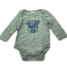 Load image into Gallery viewer, Girls PatPat, grey cotton bodysuit / romper, tacos, EUC, size 000,  