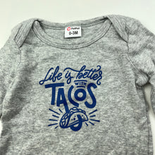 Load image into Gallery viewer, Girls PatPat, grey cotton bodysuit / romper, tacos, EUC, size 000,  