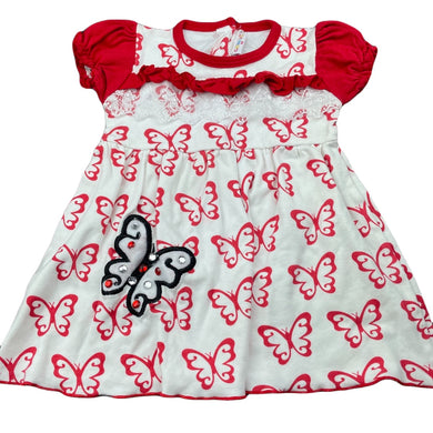 Girls CENTIL, red & white dress, butterflies, FUC, size 00, L: 36cm