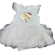 Load image into Gallery viewer, Girls Dymples, white &amp; gold tutu romper, EUC, size 000,  
