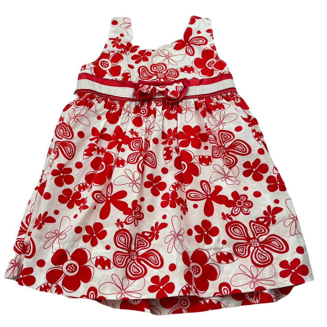 Girls PIGLET TOMY, red & white floral cotton dress, armpit to armpit: 25cm, GUC, size 1, L: 44cm