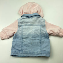 Load image into Gallery viewer, Girls Baby Berry, hooded stretch denim jacket, marks lower back, FUC, size 000,  