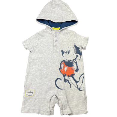 Boys Disney, Mickey Mouse grey marle hooded romper, FUC, size 000,  