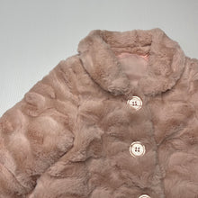 Load image into Gallery viewer, Girls pink, lined faux fur jacket / coat, L: 38cm, EUC, size 12 months,  