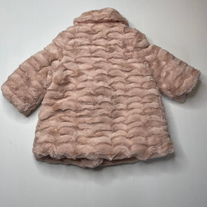 Girls pink, lined faux fur jacket / coat, L: 38cm, EUC, size 12 months,  