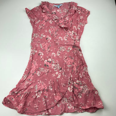 Girls Tilii, pink floral viscose cross-over dress, GUC, size 9, L: 66cm aprrox