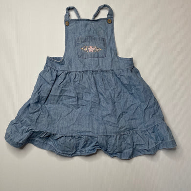 Girls Dymples, embroidered chambray cotton overalls dress, GUC, size 1, L: 42cm