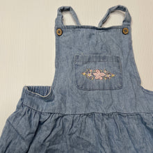 Load image into Gallery viewer, Girls Dymples, embroidered chambray cotton overalls dress, GUC, size 1, L: 42cm