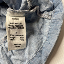 Load image into Gallery viewer, Girls Dymples, embroidered chambray cotton overalls dress, GUC, size 1, L: 42cm