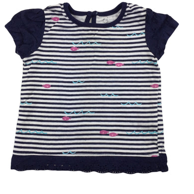 Early Days navy & white stripe cotton t-shirt / top, size 00, Pre-loved