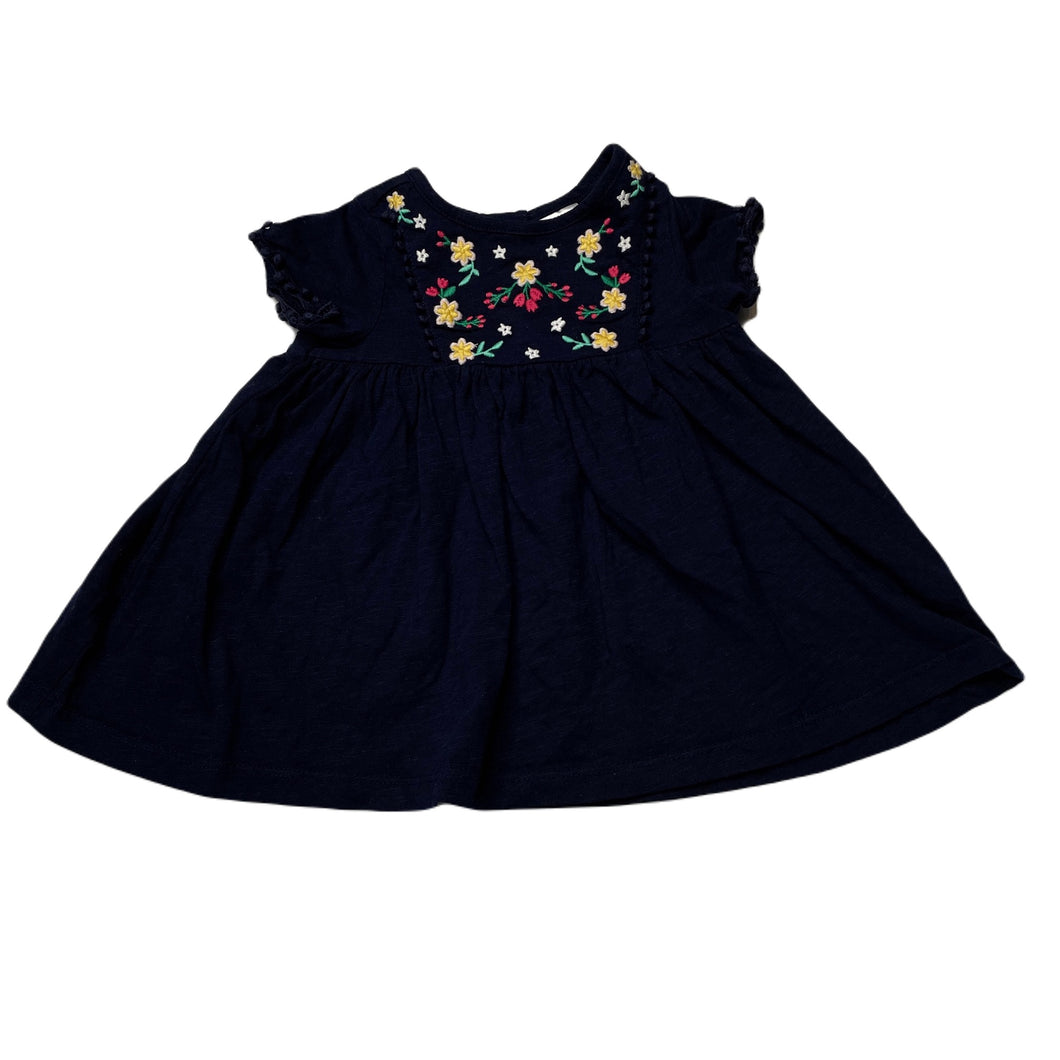 Girls Sprout, embroidered navy cotton dress, EUC, size 000, L: 34cm