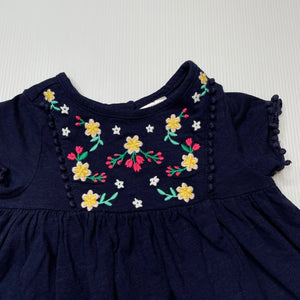 Girls Sprout, embroidered navy cotton dress, EUC, size 000, L: 34cm