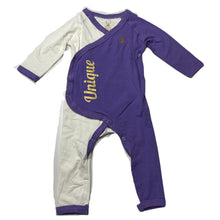 Load image into Gallery viewer, unisex Little TumTum, purple &amp; white stretchy romper, EUC, size 0,  