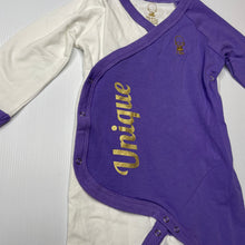 Load image into Gallery viewer, unisex Little TumTum, purple &amp; white stretchy romper, EUC, size 0,  