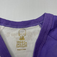 Load image into Gallery viewer, unisex Little TumTum, purple &amp; white stretchy romper, EUC, size 0,  