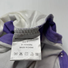 Load image into Gallery viewer, unisex Little TumTum, purple &amp; white stretchy romper, EUC, size 0,  