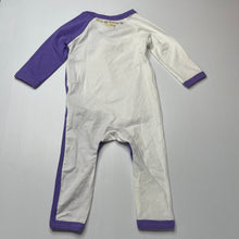 Load image into Gallery viewer, unisex Little TumTum, purple &amp; white stretchy romper, EUC, size 0,  