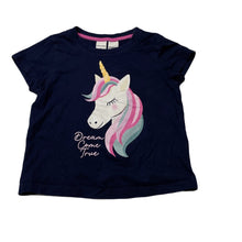 Load image into Gallery viewer, Girls Brilliant Basics, navy cotton pyjama top, unicorn, GUC, size 4,  
