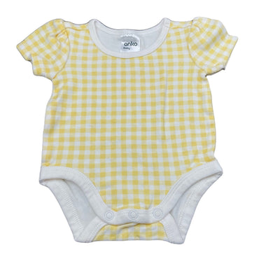 Girls Anko, yellow check cotton bodysuit / romper, EUC, size 0000,  