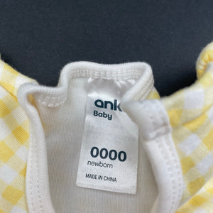Girls Anko, yellow check cotton bodysuit / romper, EUC, size 0000,  