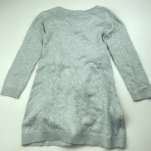 Girls Seed, grey knitted cotton long sleeve dress, pom poms, GUC, size 3-4, L: 55cm