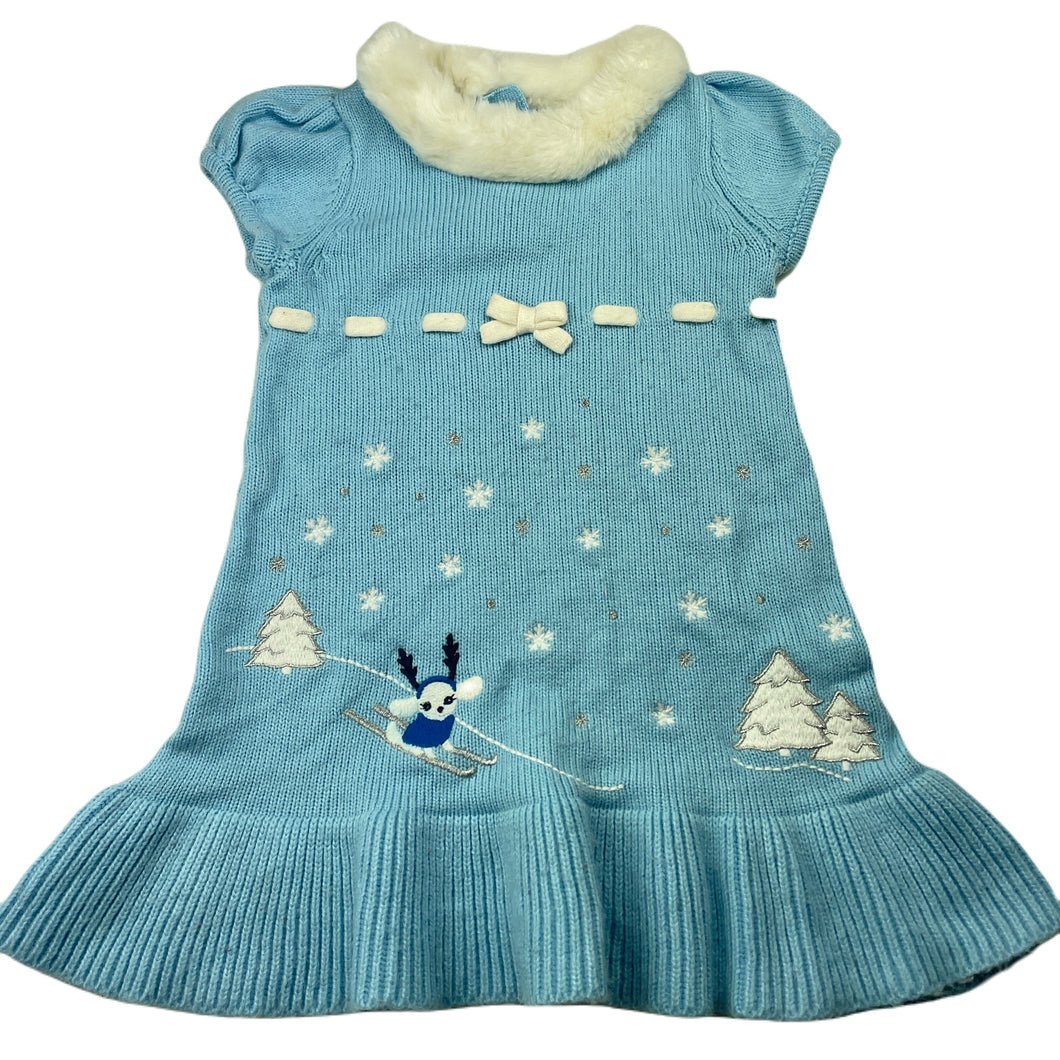 Girls Gymboree, blue knitted dress, faux fur collar, GUC, size 1, L: 44cm