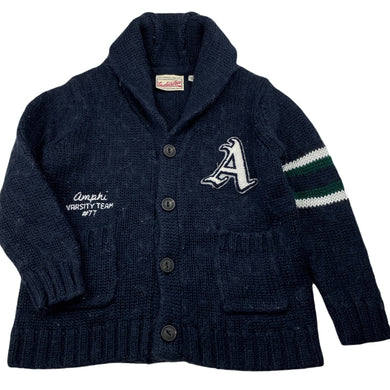 Boys Industrie, wool blend knitted varsity style cardigan / sweater, light pilling, FUC, size 3,  