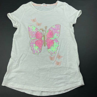Girls H&M, white cotton t-shirt / top, sequin butterfly, FUC, size 9-10,  