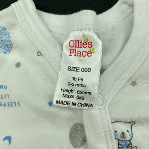 unisex Ollies Place, cotton romper, teddy bear, EUC, size 000,  