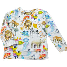 Load image into Gallery viewer, unisex Cheeky Chickadee, stretchy lightweight sweater, animals, small marks on front, wash fade &amp; pilling, FUC, size 2,  