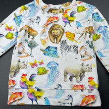 Load image into Gallery viewer, unisex Cheeky Chickadee, stretchy lightweight sweater, animals, small marks on front, wash fade &amp; pilling, FUC, size 2,  