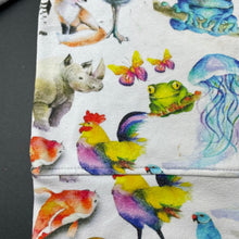 Load image into Gallery viewer, unisex Cheeky Chickadee, stretchy lightweight sweater, animals, small marks on front, wash fade &amp; pilling, FUC, size 2,  