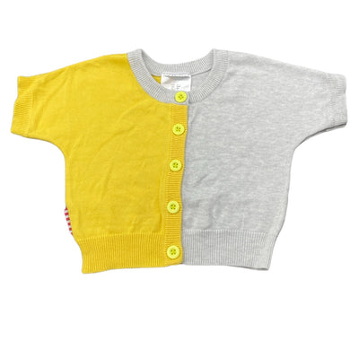 Girls Sooki Baby, yellow & grey knitted cotton short sleeve cardigan, EUC, size 0,  