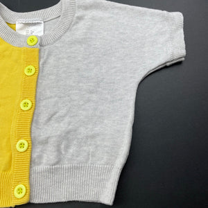 Girls Sooki Baby, yellow & grey knitted cotton short sleeve cardigan, EUC, size 0,  