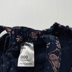 Girls Anko, navy floral corduroy cotton overalls, EUC, size 000,  