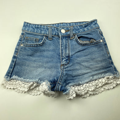 Girls 1964 Denim Co, lace trim stretch denim shorts, W: 28cm across, FUC, size 8,  