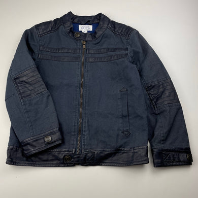 Boys Pumpkin Patch, dark blue cotton & faux leather jacket, wash fade, FUC, size 5,  