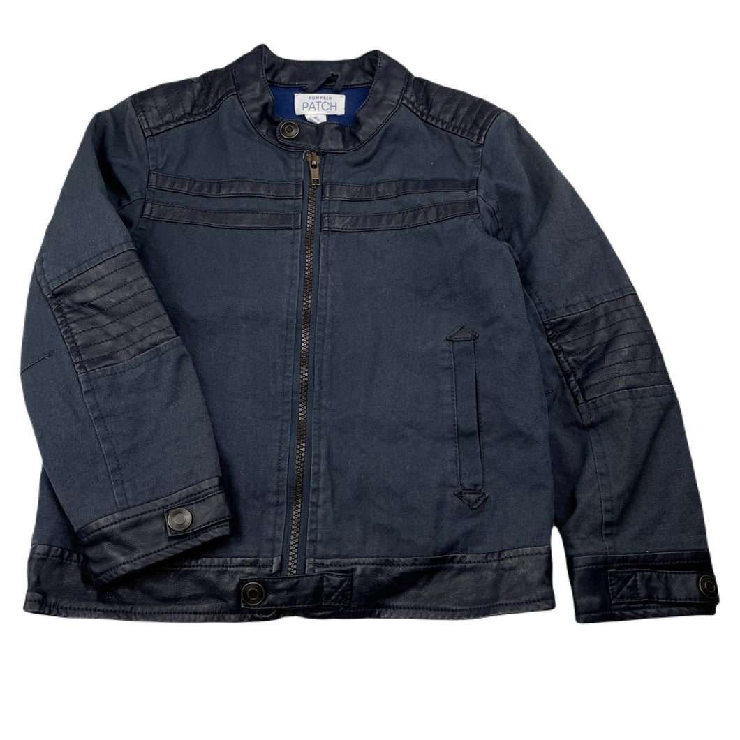 Boys Pumpkin Patch, dark blue cotton & faux leather jacket, wash fade, FUC, size 5,  