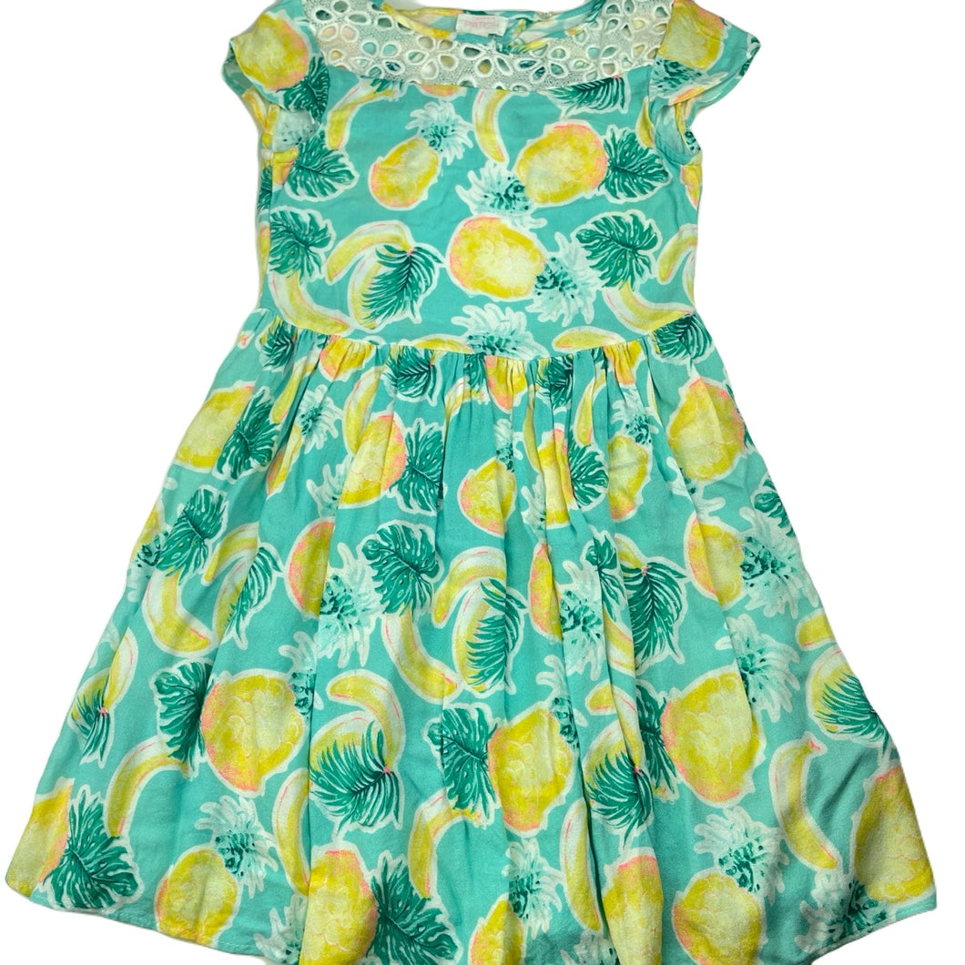 Girls Pumpkin Patch, lightweight open-back dress, pineapples & bananas, EUC, size 8, L: 68cm