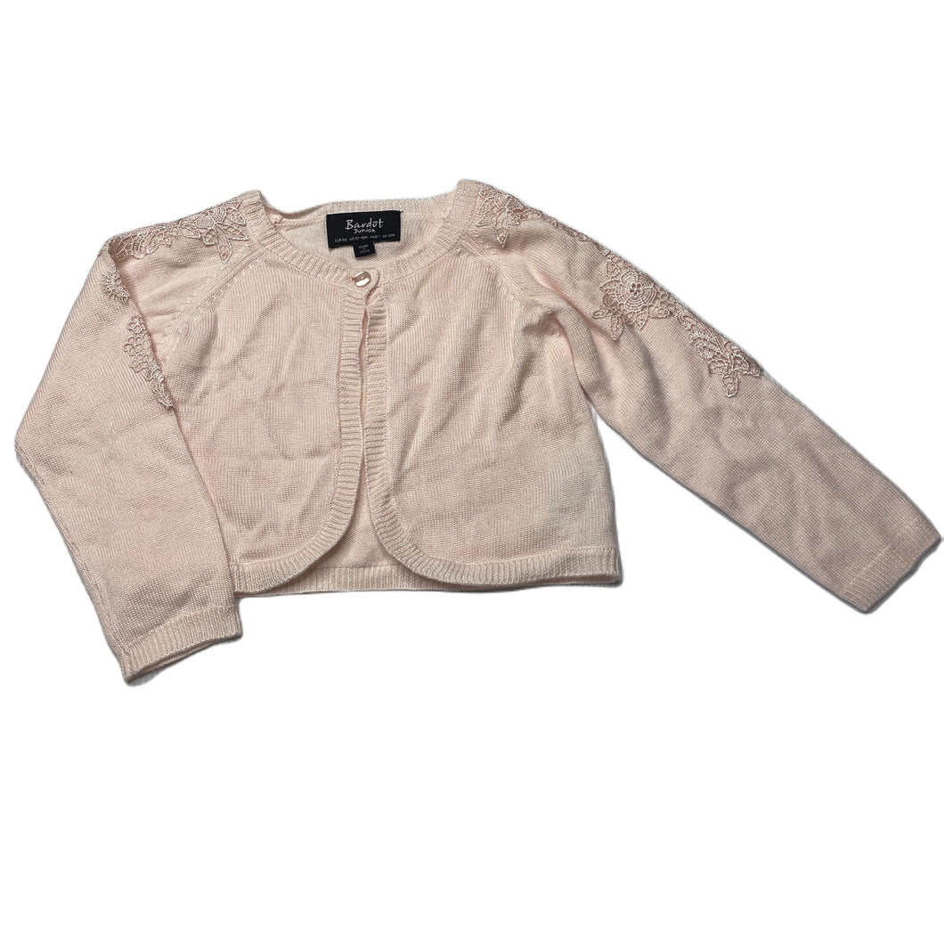 Girls Bardot Junior, soft feel lightweight knit cardigan, lace trim, EUC, size 1,  