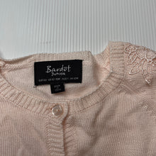 Load image into Gallery viewer, Girls Bardot Junior, soft feel lightweight knit cardigan, lace trim, EUC, size 1,  