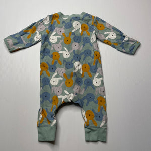 unisex Anko, stretchy zip romper, rabbits, GUC, size 000,  