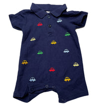 Load image into Gallery viewer, Boys Ollies Place, embroidered navy cotton polo romper, cars, EUC, size 000,  