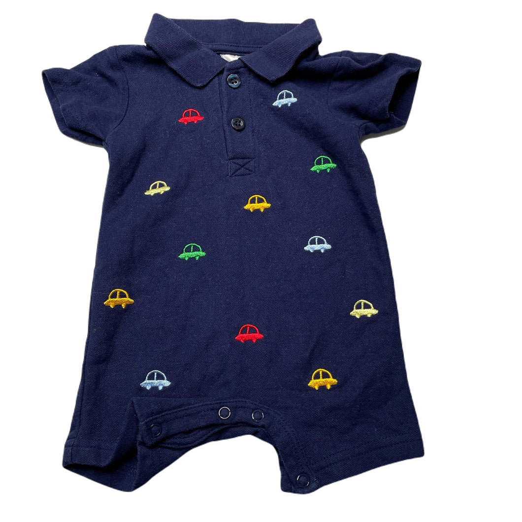 Boys Ollies Place, embroidered navy cotton polo romper, cars, EUC, size 000,  