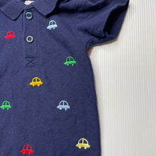 Load image into Gallery viewer, Boys Ollies Place, embroidered navy cotton polo romper, cars, EUC, size 000,  