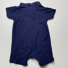 Load image into Gallery viewer, Boys Ollies Place, embroidered navy cotton polo romper, cars, EUC, size 000,  