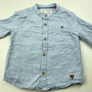 Boys Zara, blue cotton collarless long sleeve shirt, GUC, size 1,  